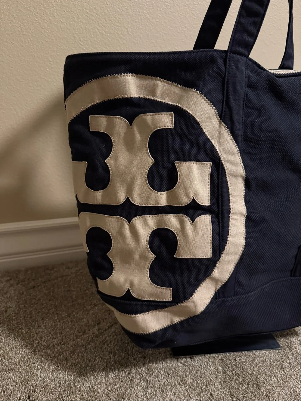 Tory Burch Navy and Cream Logo Canvas Tote